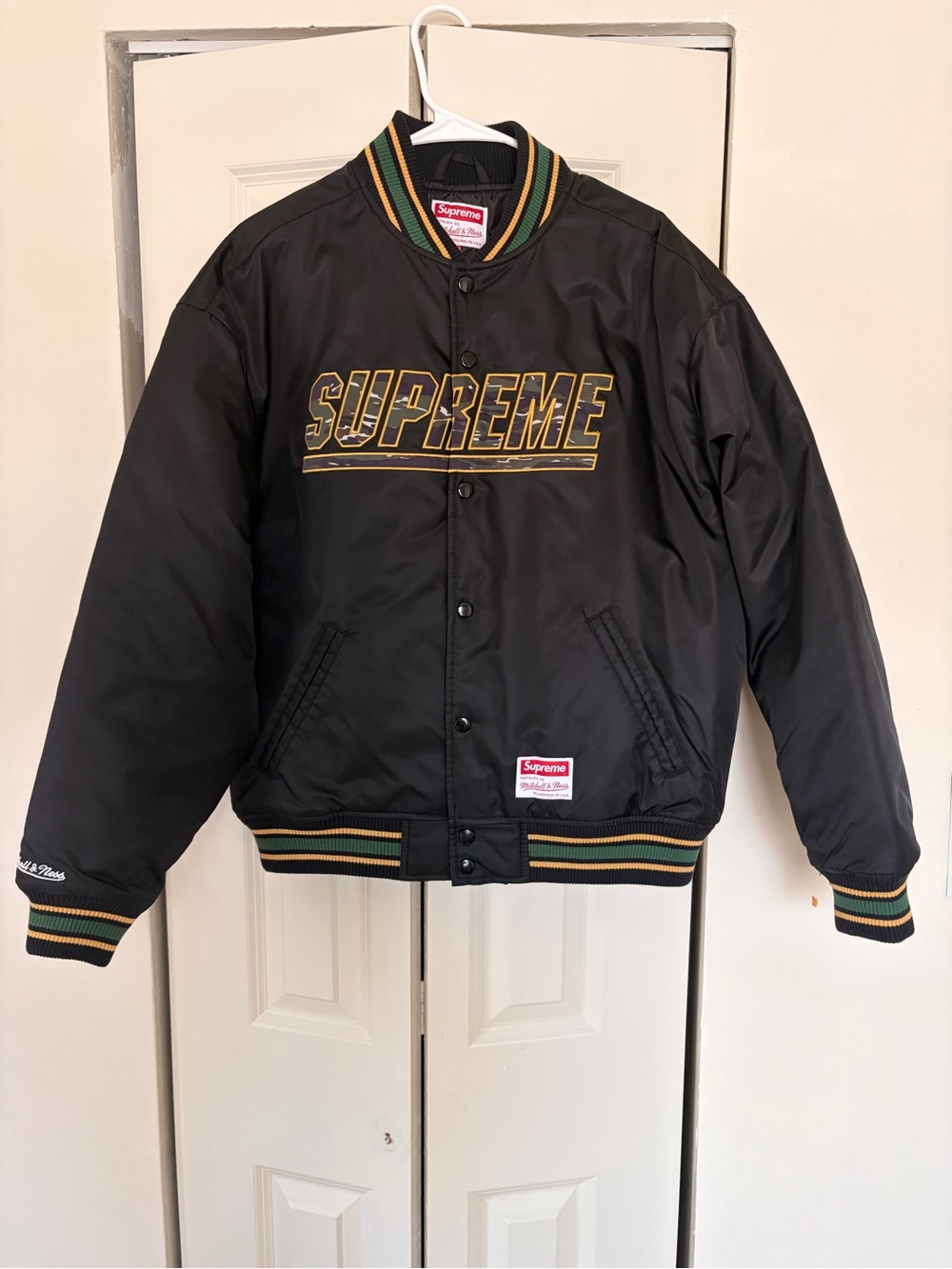 Supreme Black Varsity Jacket with Gold and Green Trim